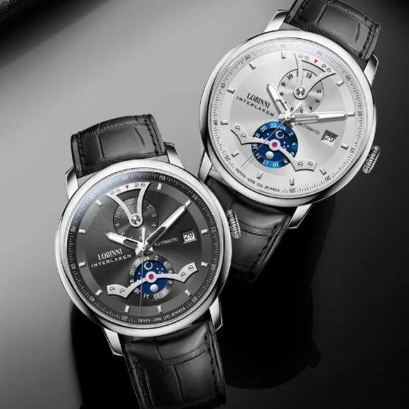 LOBINNI Men Automatic Watch Luxury Male Dress Mechanical Wristwatch Dress Sapphire Crystal Leather Strap Month Date 24 Hours - 18018
