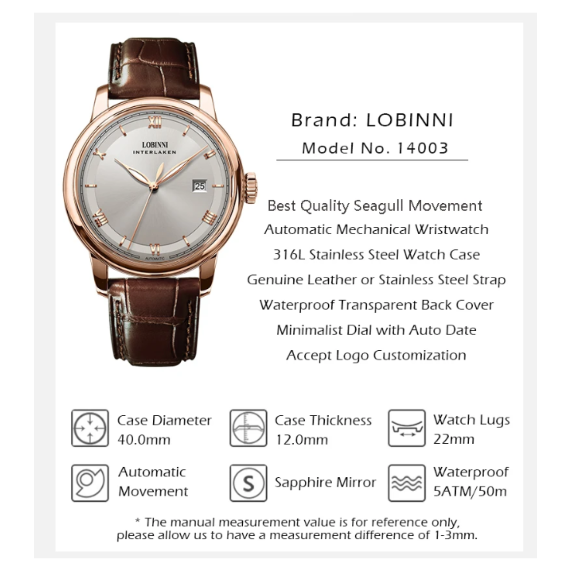 LOBINNI Mens Automatic Stainless Steel Waterproof Luxury Business Mechanical Wristwatch - 14003