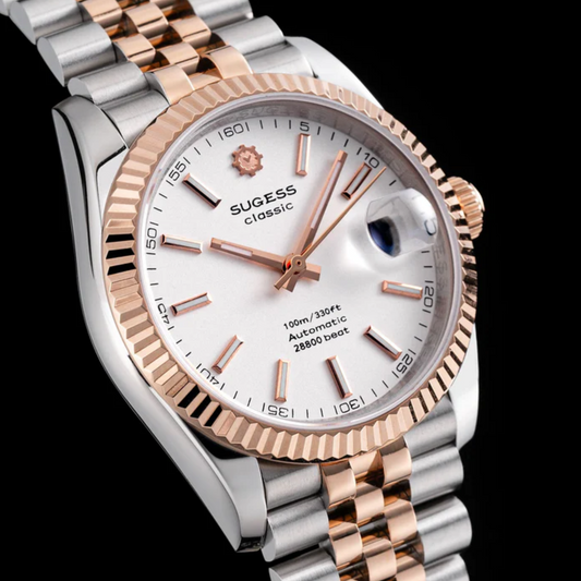 Sugess Automatic Classic S447 White Dial Rose Gold Two Tone Fluted Bezel Jubilee Bracelet ST2130