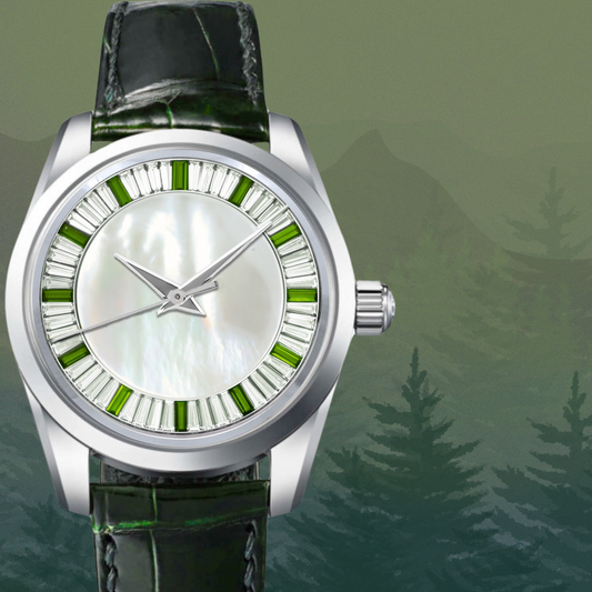 Dream Watches Special Edition Luxury Automatic Watch with Green/ White Baguette Gemstones