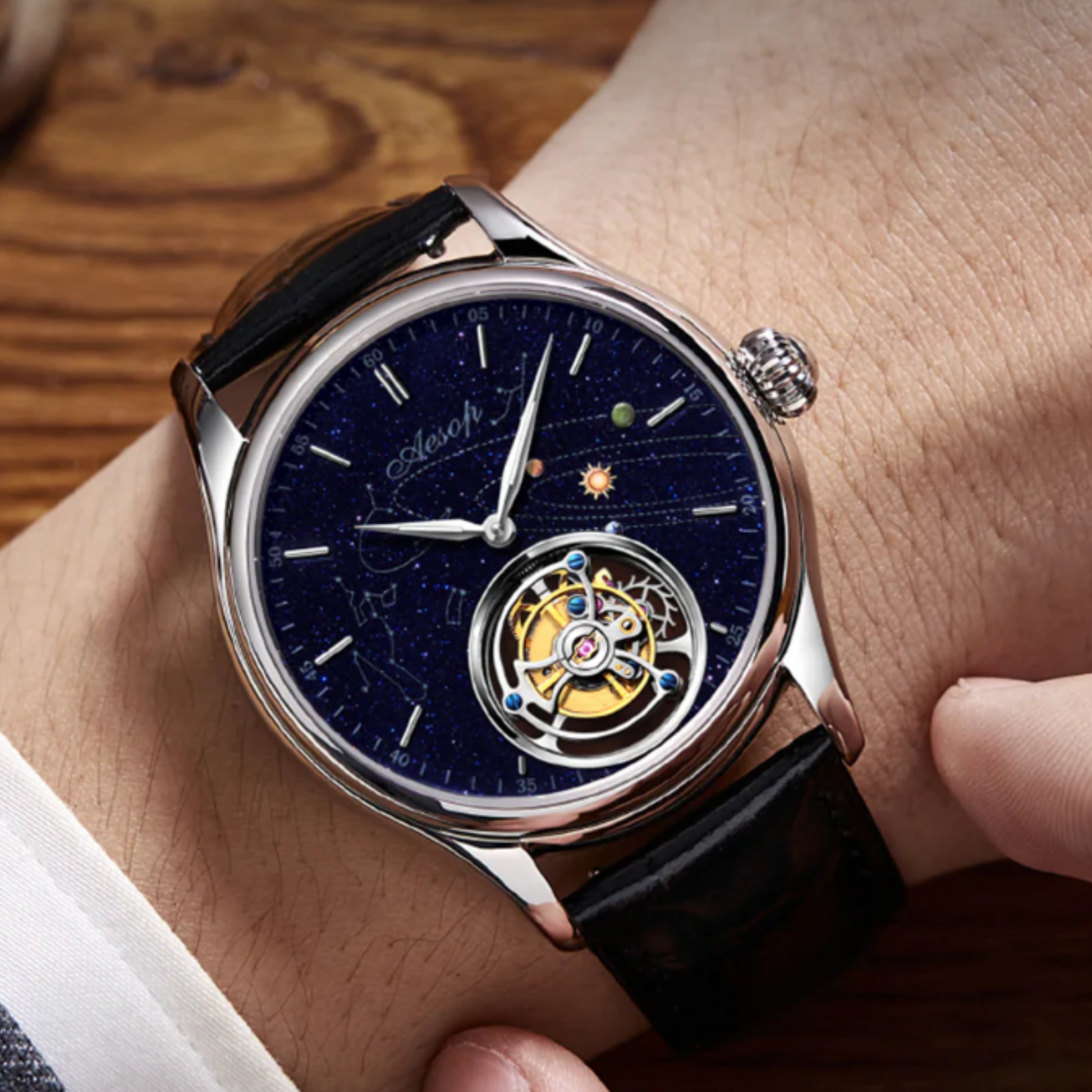 AESOP Mens Luxury Real Flying Tourbillon Mechanical Sapphire Waterproof Watch Skeleton Watches for Men Wristwatches 7025