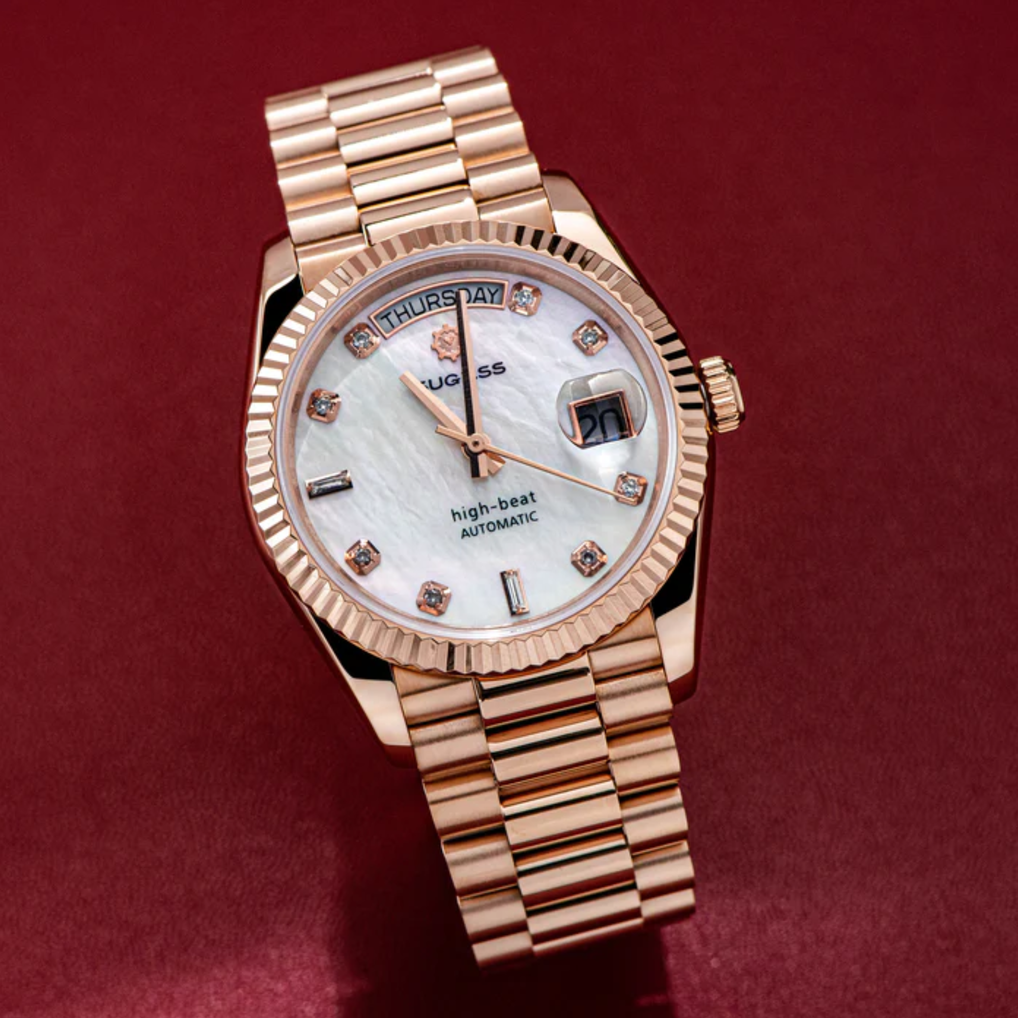 Sugess Heritage S449 DD Date and Day Display DD36 36mm Rose Gold White Pearl Dial Automatic