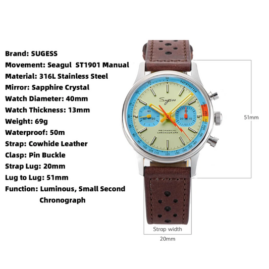 Sugess 1963 Pilot Watch Mens Chronograph Mechanical Wristwatches Original ST1901 Swanneck Movement Sapphire Crystal Racing 2022