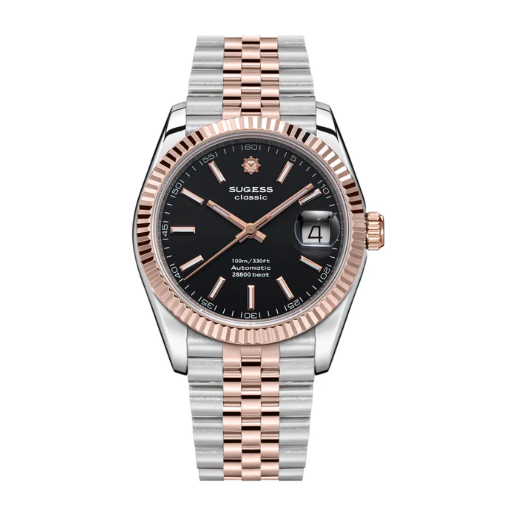 Sugess Automatic Classic S447 Black Dial Rose Gold Two Tone Fluted Bezel Jubilee Bracelet ST2130