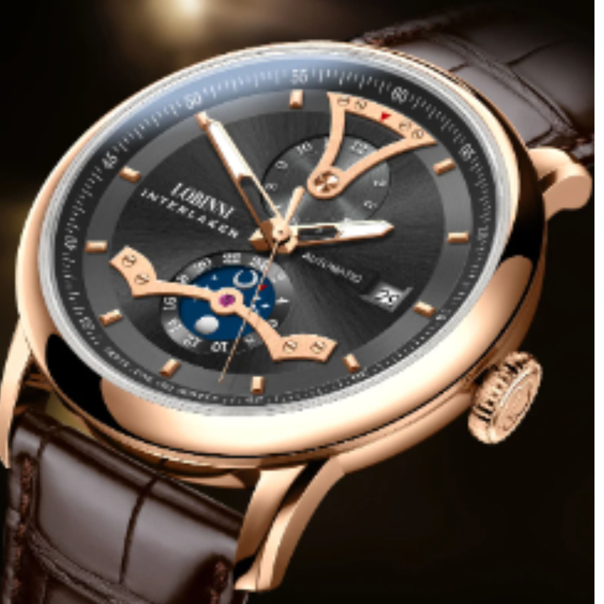 LOBINNI Men Automatic Watch Luxury Male Dress Mechanical Wristwatch Dress Sapphire Crystal Leather Strap Month Date 24 Hours - 18018