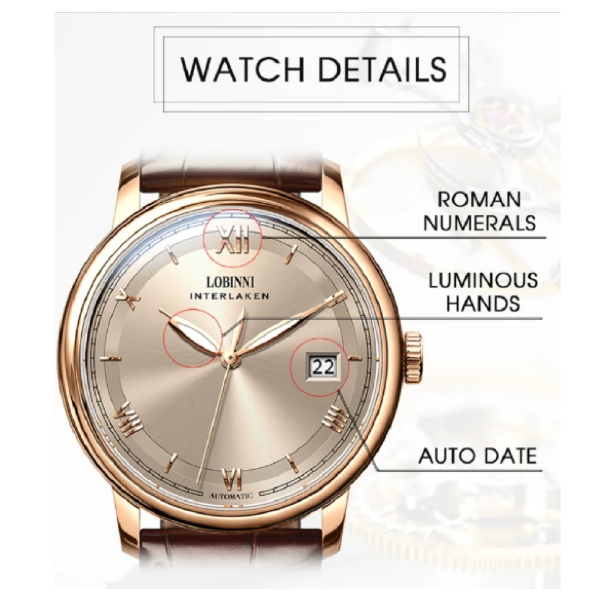 LOBINNI Mens Automatic Stainless Steel Waterproof Luxury Business Mechanical Wristwatch - 14003