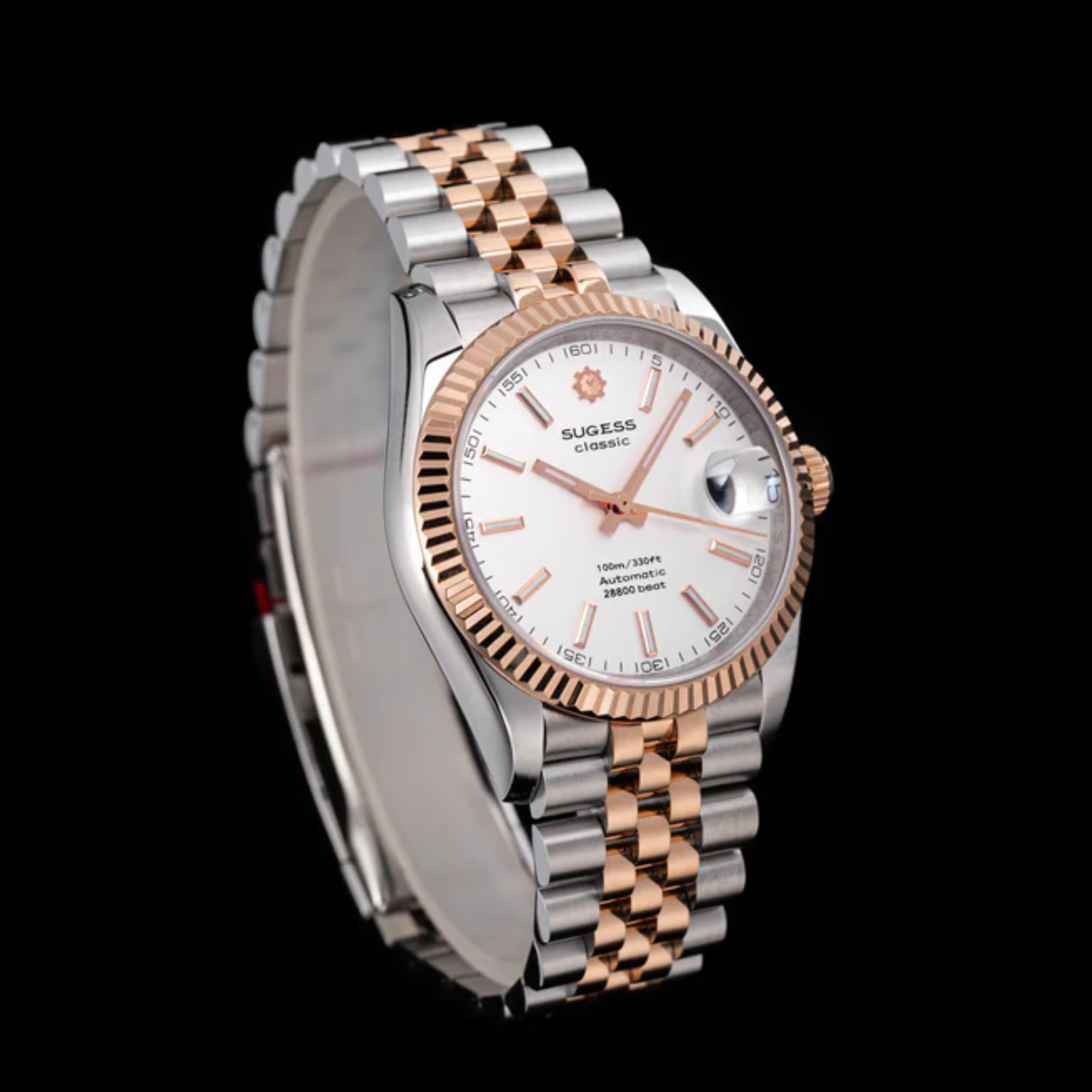 Sugess Automatic Classic S447 White Dial Rose Gold Two Tone Fluted Bezel Jubilee Bracelet ST2130