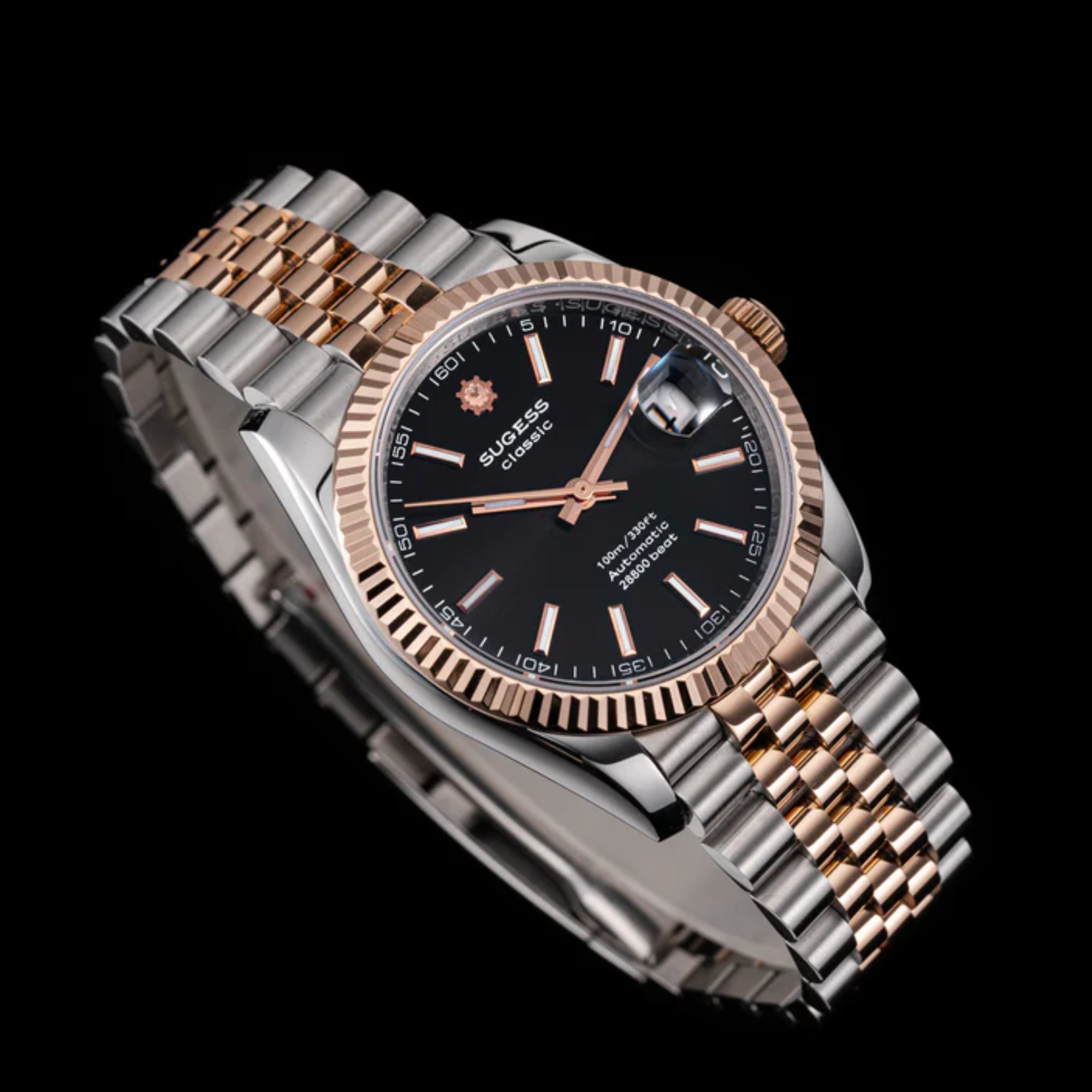 Sugess Automatic Classic S447 Black Dial Rose Gold Two Tone Fluted Bezel Jubilee Bracelet ST2130