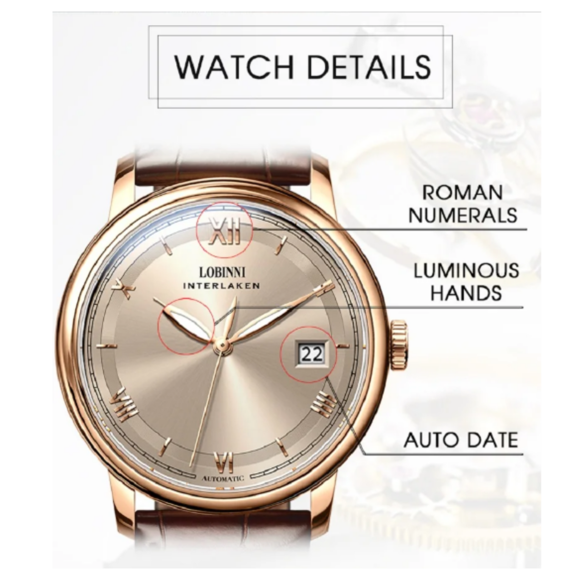 LOBINNI Brand Men Watches Automatic Stainless Steel Waterproof Watch Men Luxury Business Sport Mechanical Wristwatch - 14003