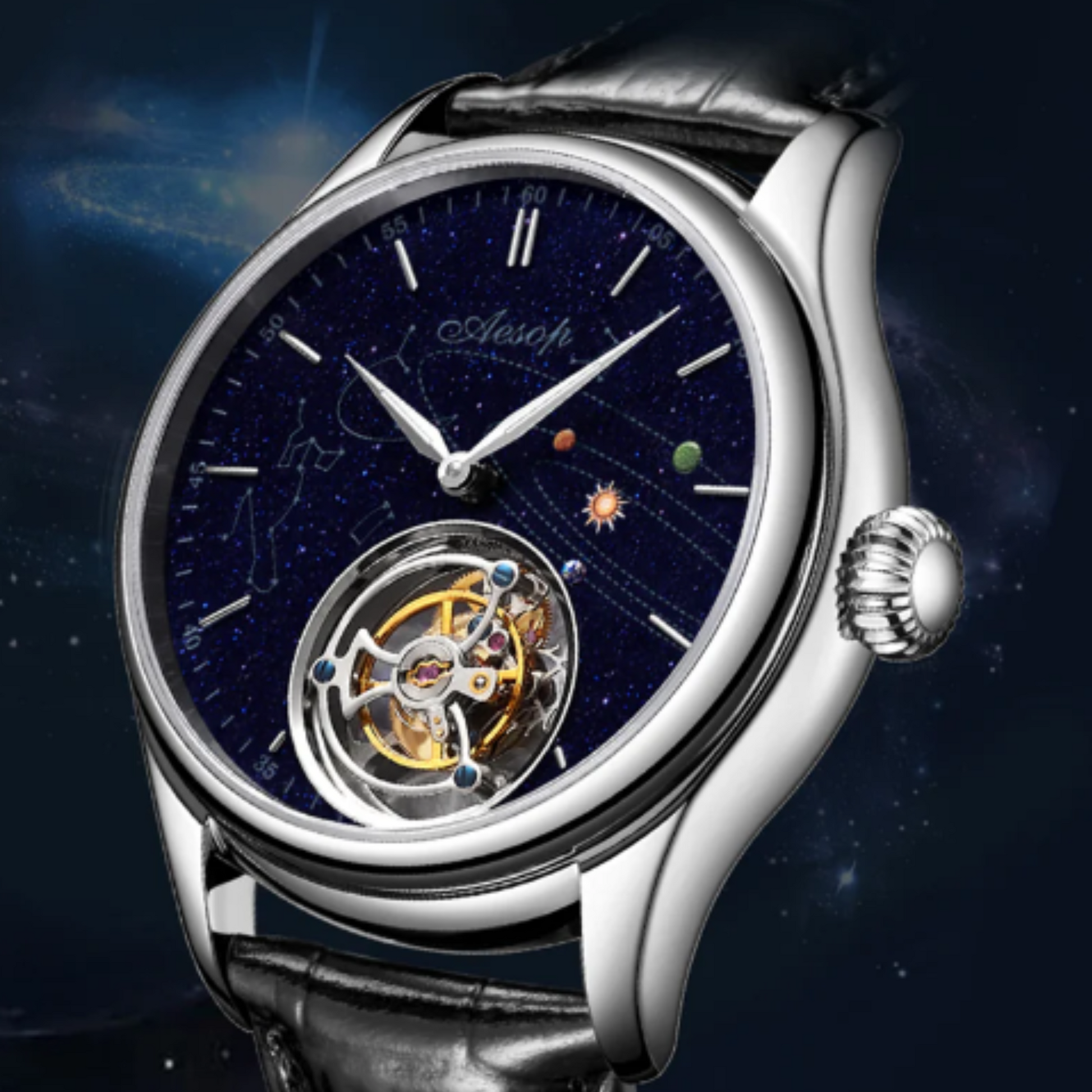 AESOP Mens Luxury Real Flying Tourbillon Mechanical Sapphire Waterproof Watch Skeleton Watches for Men Wristwatches 7025