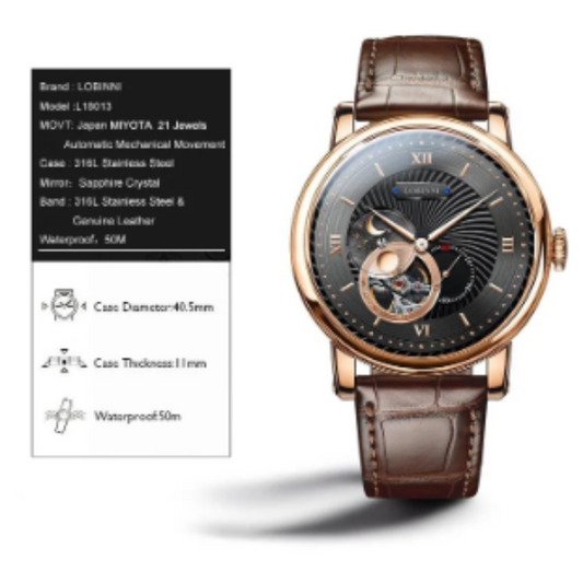 LOBINNI Luxury Automatic Mechanical Men's Watches Waterproof Skeleton Moon Phase Clocks L18013