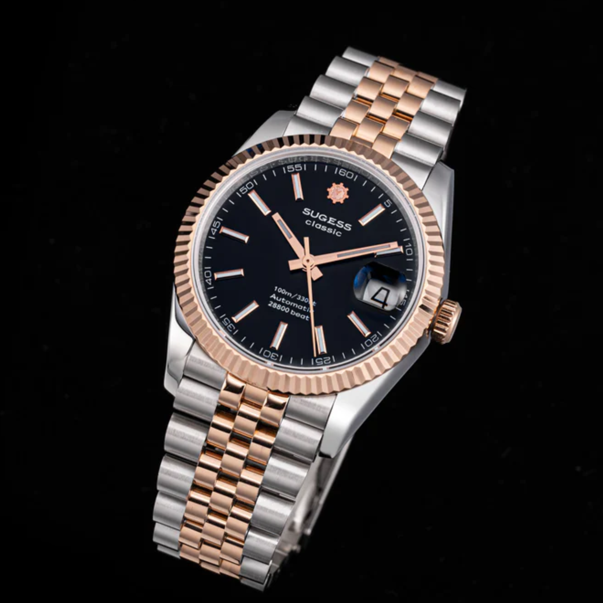 Sugess Automatic Classic S447 Black Dial Rose Gold Two Tone Fluted Bezel Jubilee Bracelet ST2130