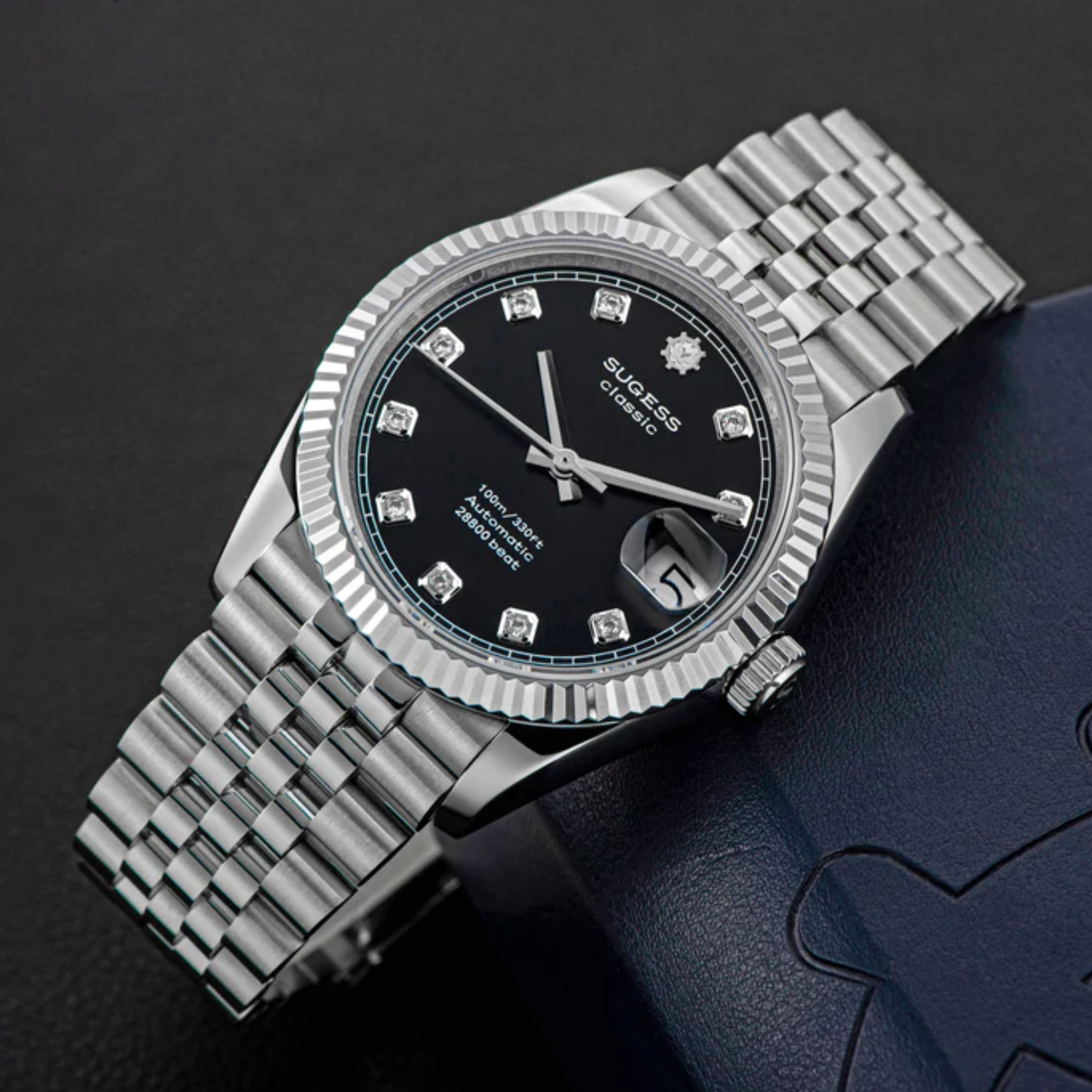 Sugess Automatic Classic S447 Black Dial Crystal Indices Fluted Bezel Jubilee Bracelet ST2130