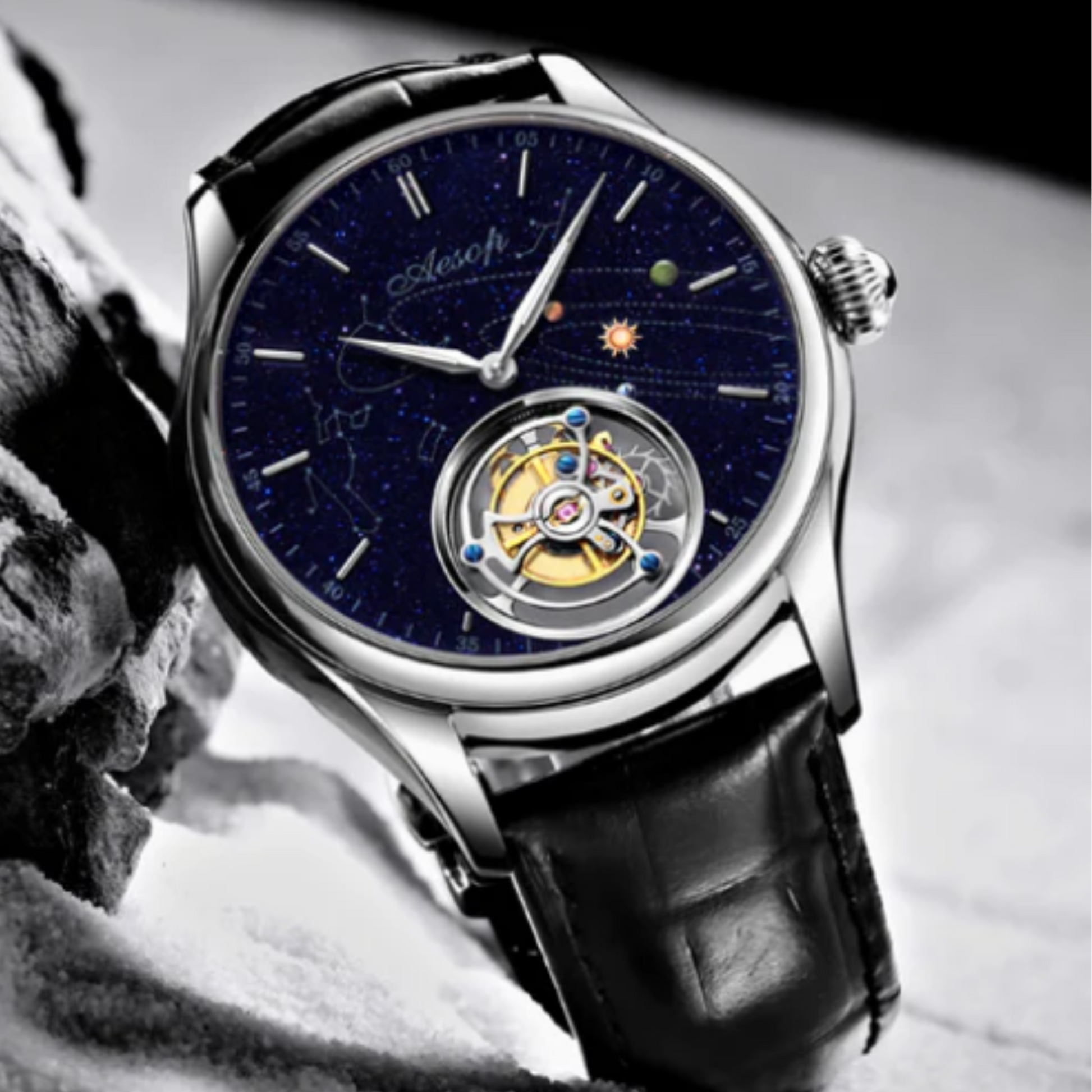 AESOP Mens Luxury Real Flying Tourbillon Mechanical Sapphire Waterproof Watch Skeleton Watches for Men Wristwatches 7025