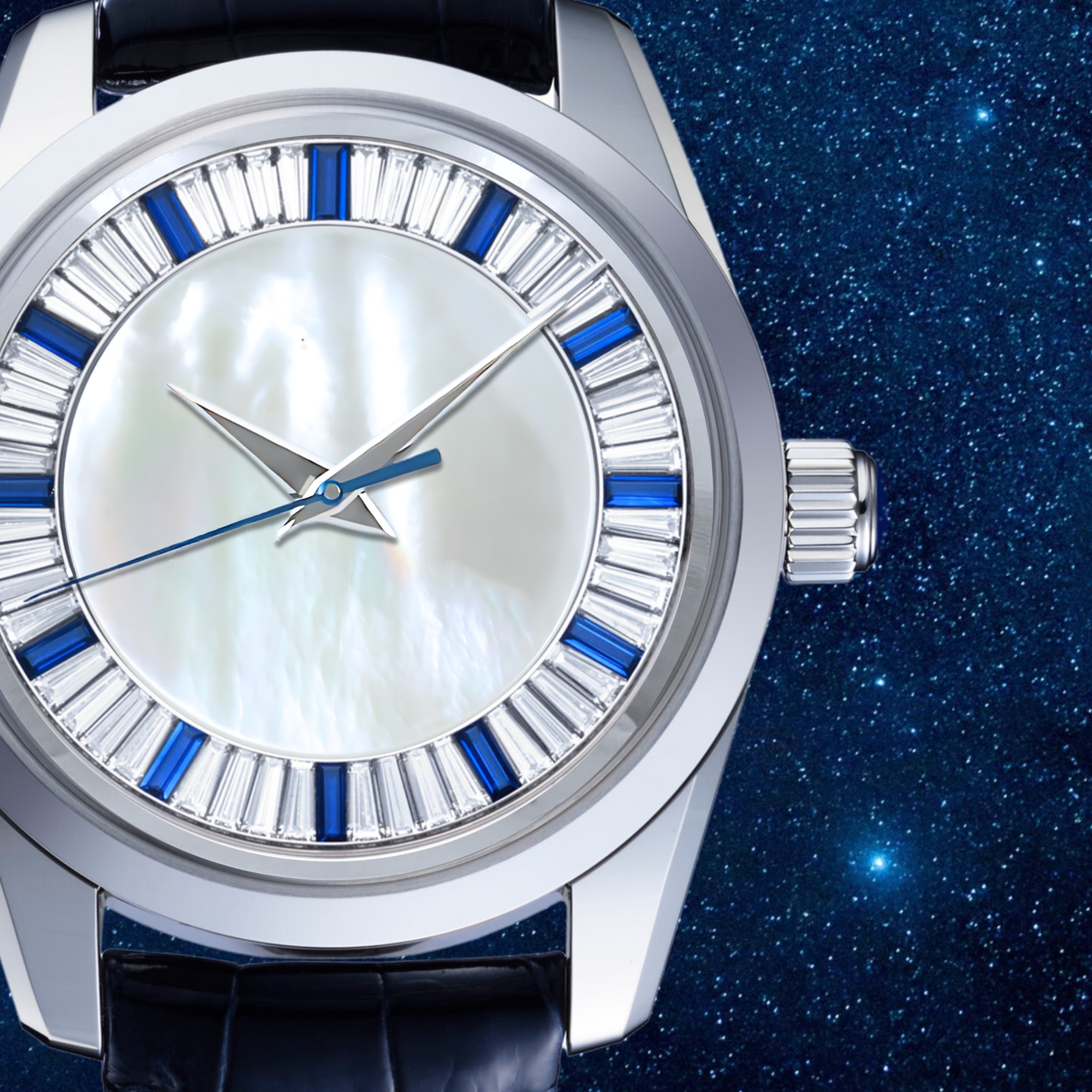 Dream Watches Special Edition Luxury Automatic Watch with Blue/ White Baguette Gemstones