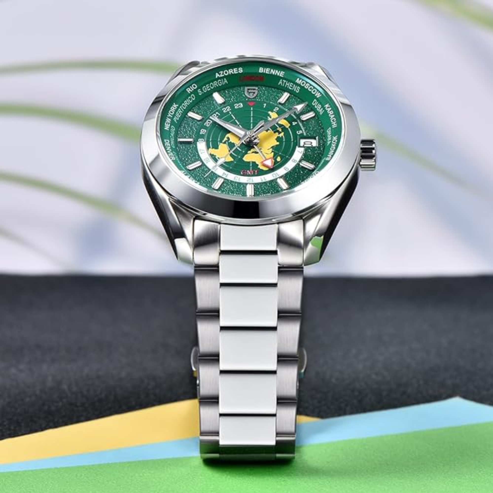 Pagani Design PD-1788 40mm Automatic NH34 GMT Stainless Steel World Timer - Deep Green