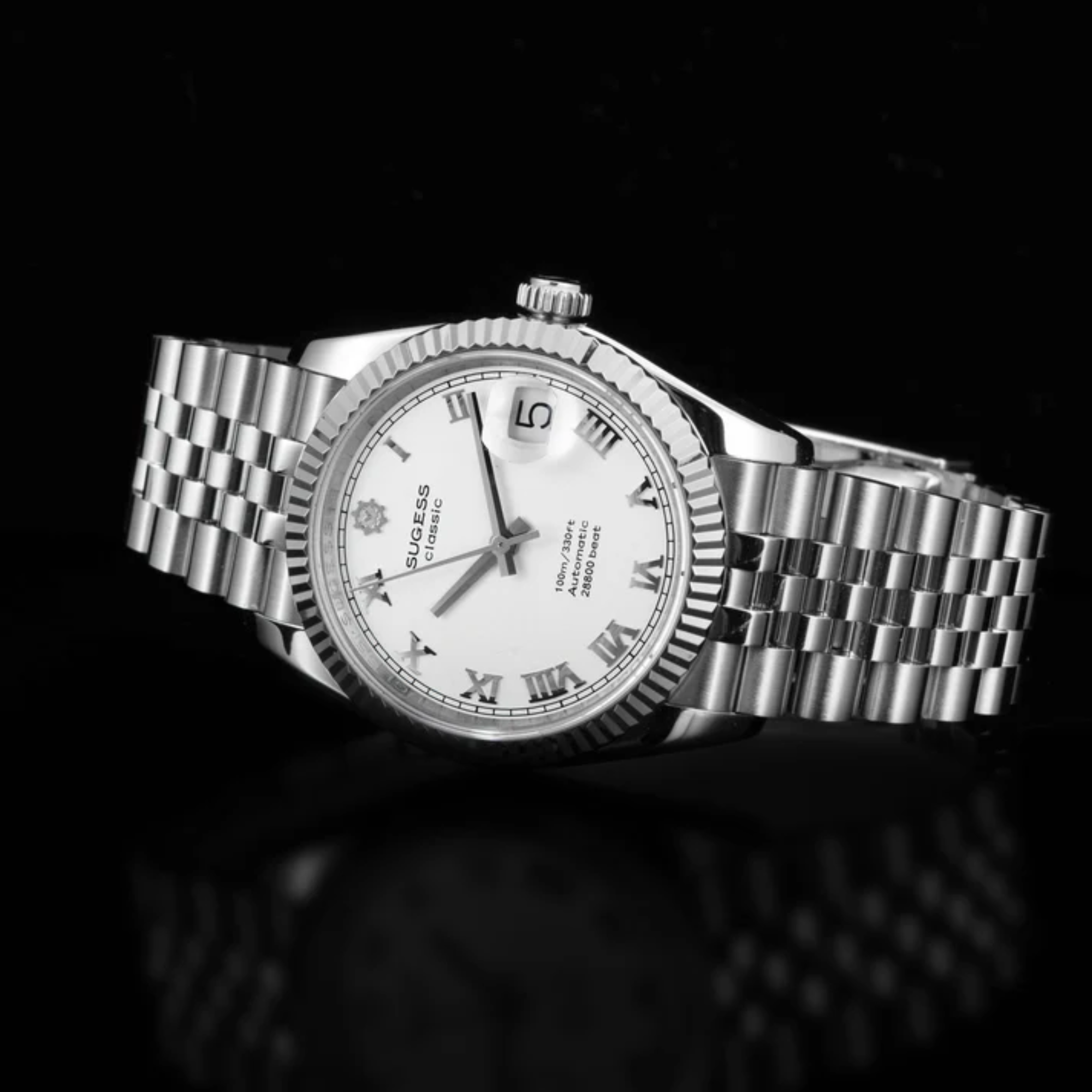 Sugess Automatic Classic S447 36mm White Dial Fluted Bezel Jubilee Bracelet ST2130