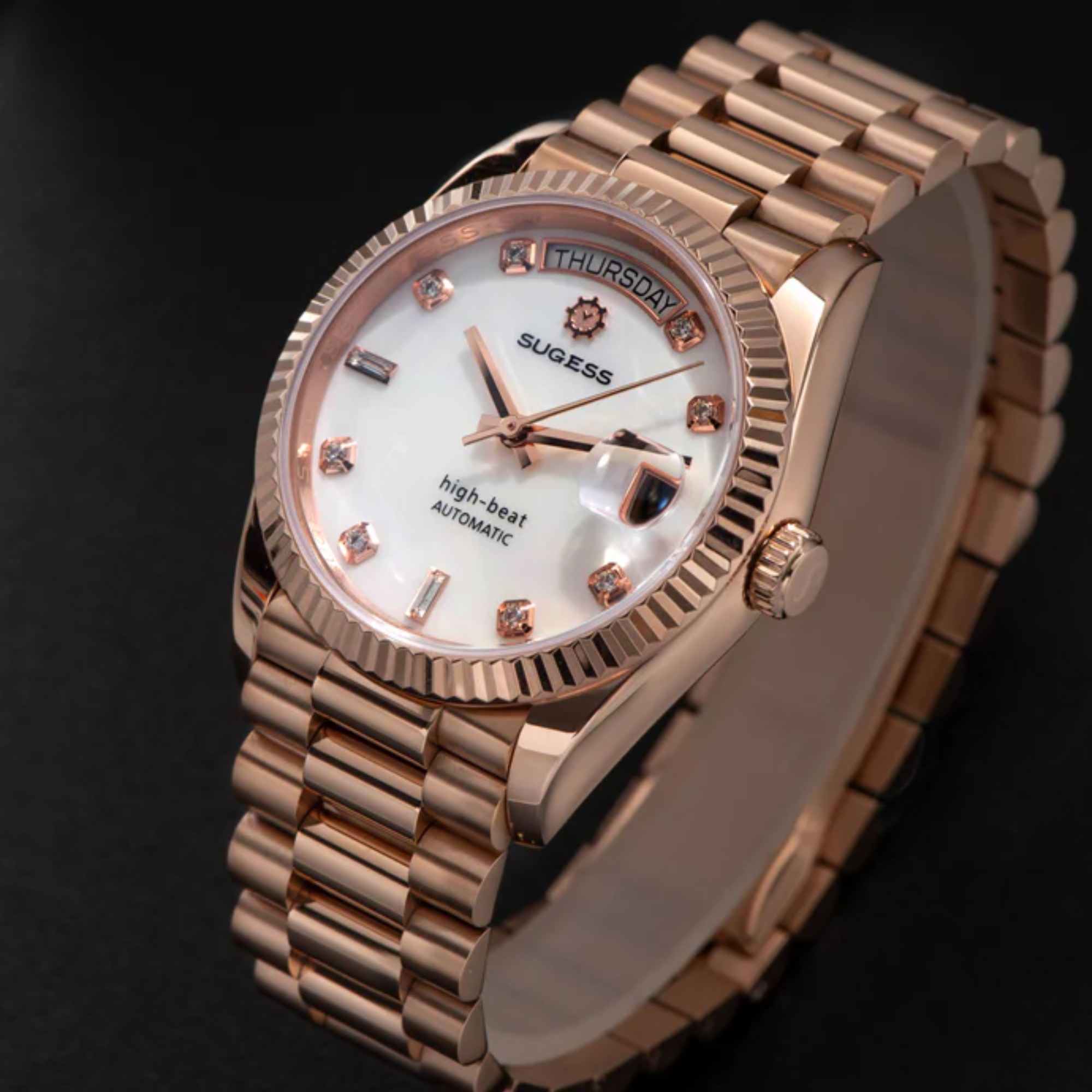 Sugess Heritage S449 DD Date and Day Display DD36 36mm Rose Gold White Pearl Dial Automatic