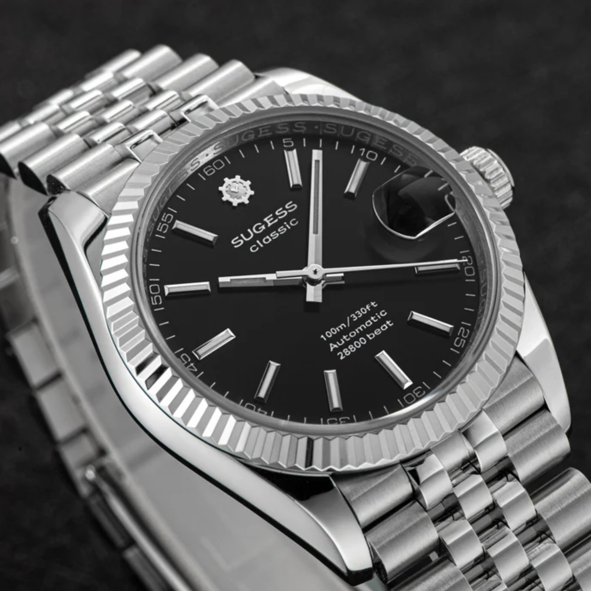 Sugess Automatic Classic S447 36mm Black Dial Fluted Bezel Jubilee Bracelet ST2130