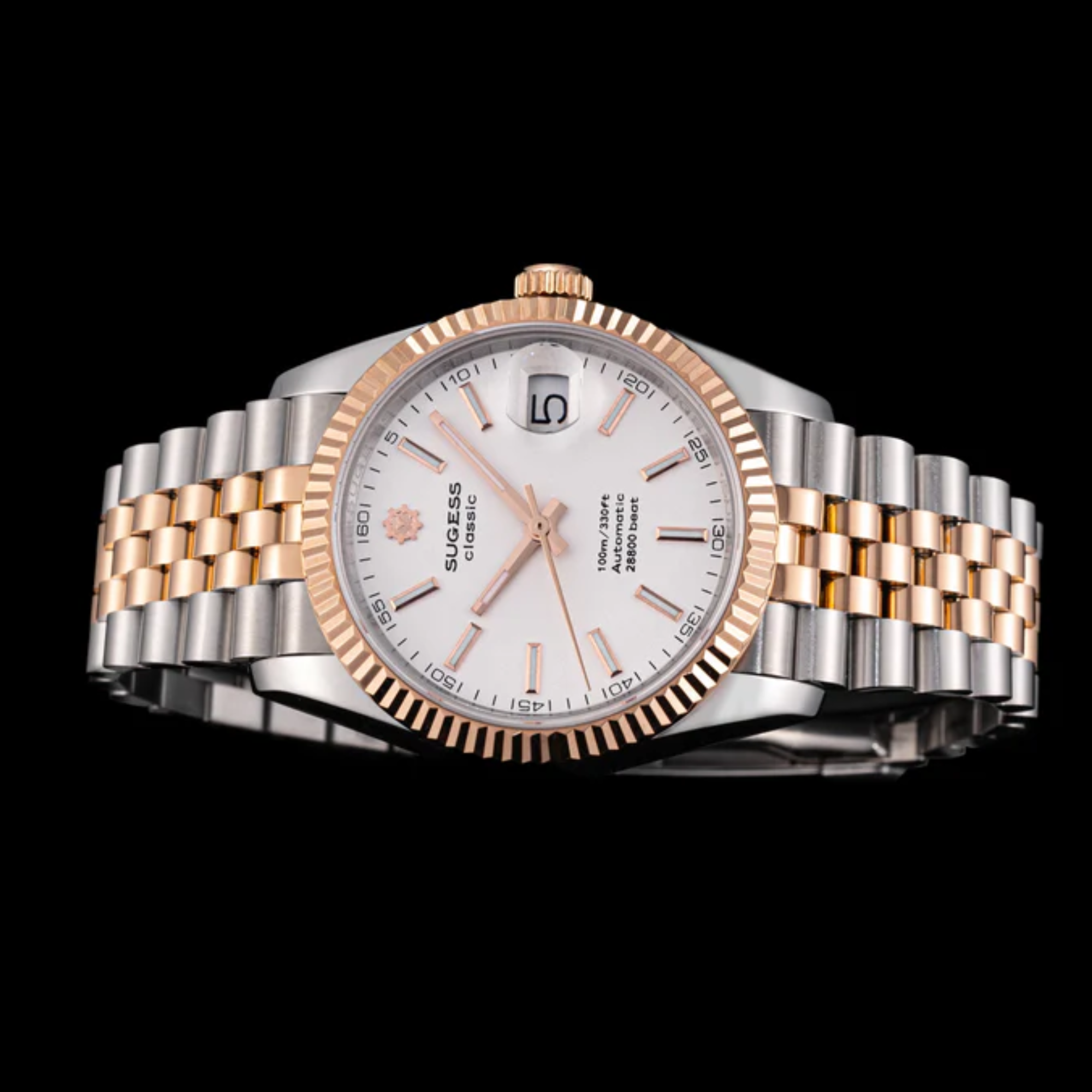 Sugess Automatic Classic S447 White Dial Rose Gold Two Tone Fluted Bezel Jubilee Bracelet ST2130