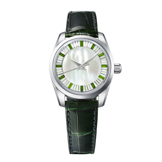 Dream Watches Special Edition Luxury Automatic Watch with Green/ White Baguette Gemstones