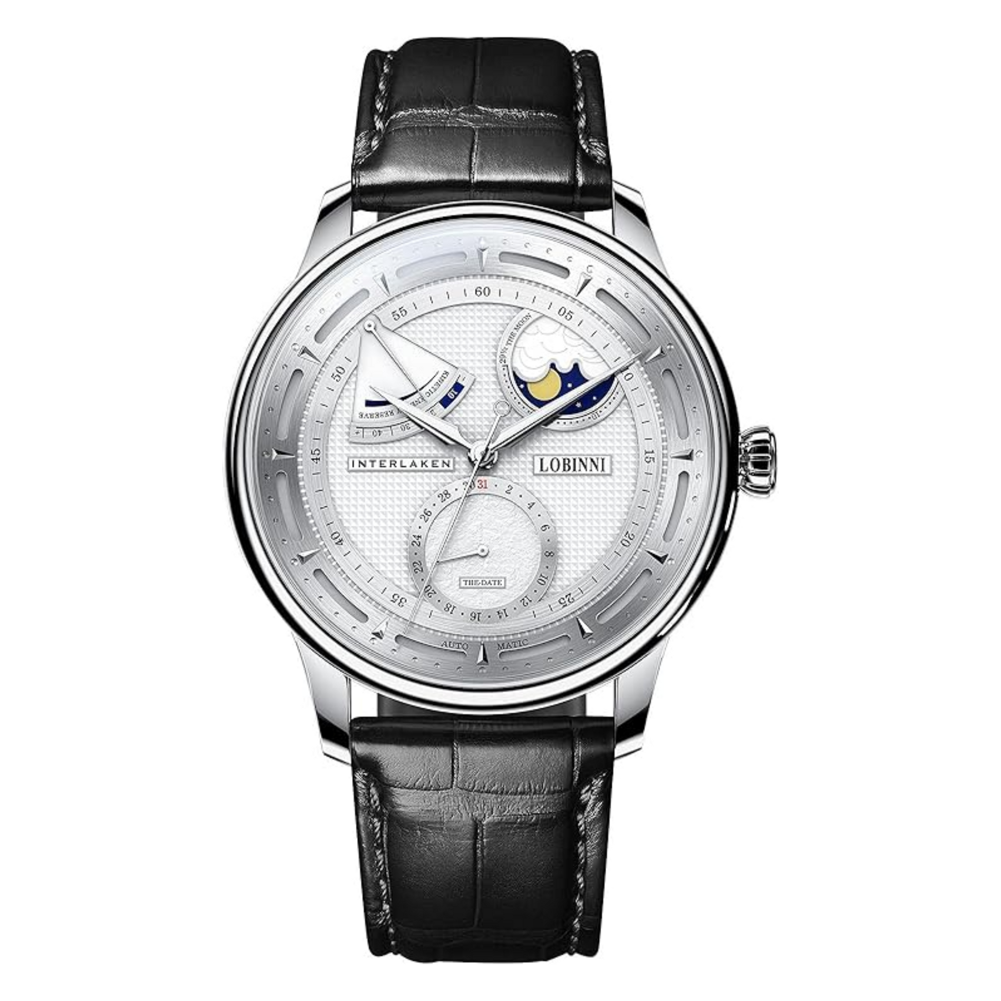 LOBINNI luxury watch for men,mens automatic watches moonphase mechanical wristwatch 50m waterproof sapphire mirror leather strap - 17011