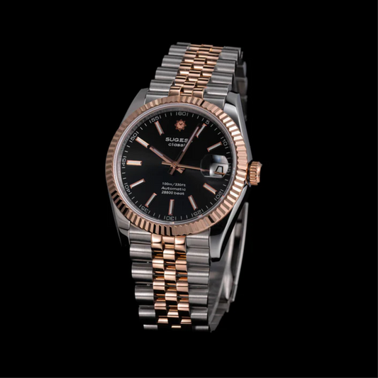 Sugess Automatic Classic S447 Black Dial Rose Gold Two Tone Fluted Bezel Jubilee Bracelet ST2130