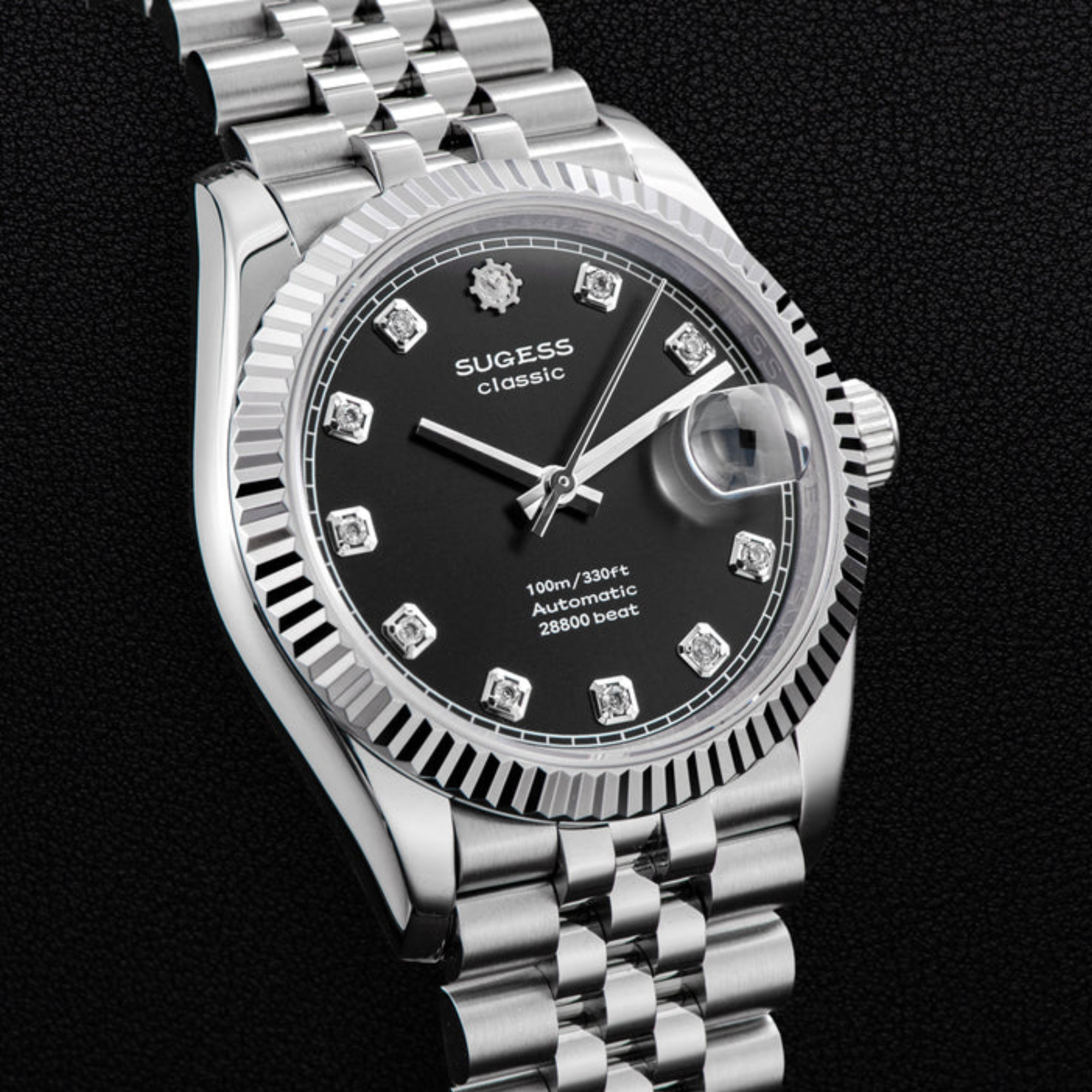 Sugess Automatic Classic S447 Black Dial Crystal Indices Fluted Bezel Jubilee Bracelet ST2130