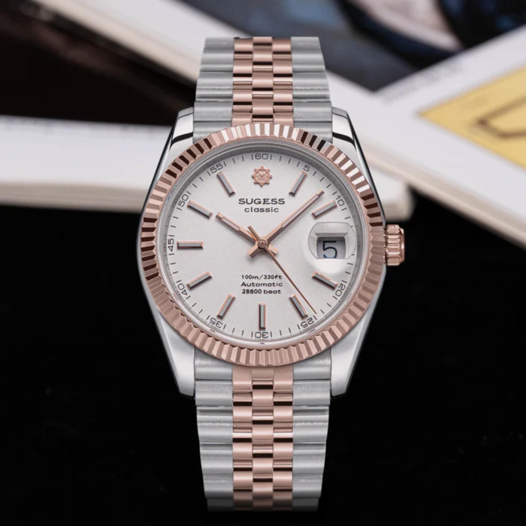 Sugess Automatic Classic S447 White Dial Rose Gold Two Tone Fluted Bezel Jubilee Bracelet ST2130