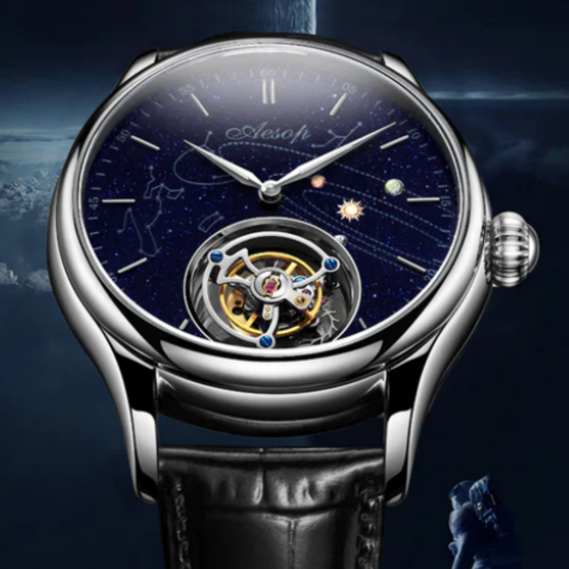 AESOP Mens Luxury Real Flying Tourbillon Mechanical Sapphire Waterproof Watch Skeleton Watches for Men Wristwatches 7025