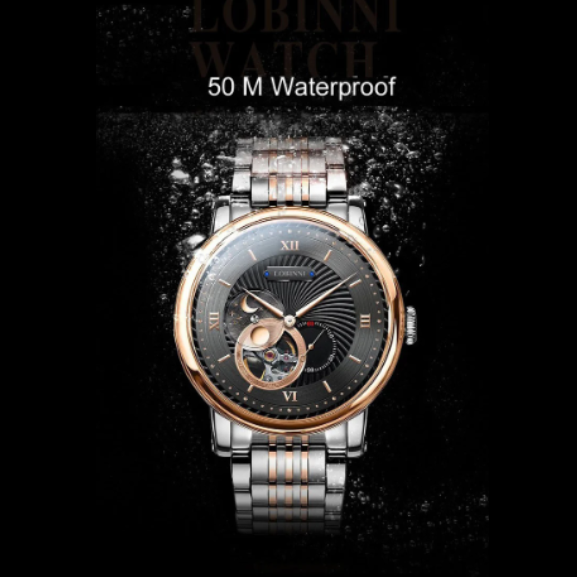 LOBINNI Luxury Automatic Mechanical Men's Watches Waterproof Skeleton Moon Phase Clocks L18013