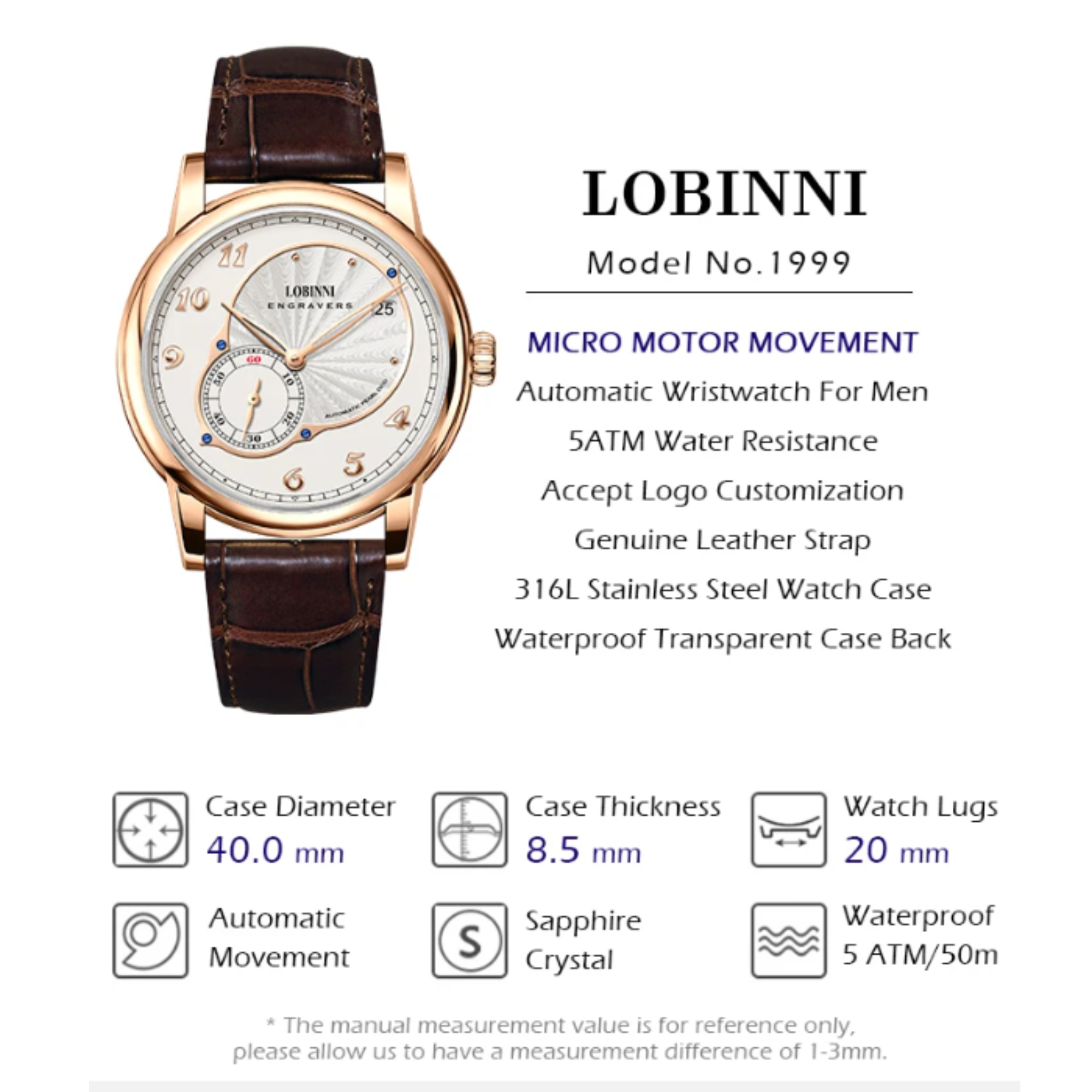 LOBINNI High Quality Micro-Rotor Super Thin Movement Men Watches Automatic Mechanical Watches Sapphire Galss Waterpoor Watches -1999