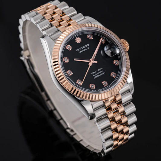 Sugess Automatic Classic S447 Black Dial Crystal Indices Rose Gold Two Tone Fluted Bezel Jubilee Bracelet ST2130