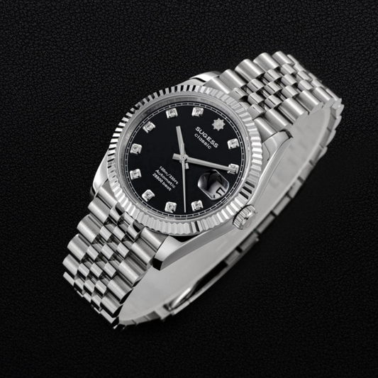 Sugess Automatic Classic S447 Black Dial Crystal Indices Fluted Bezel Jubilee Bracelet ST2130