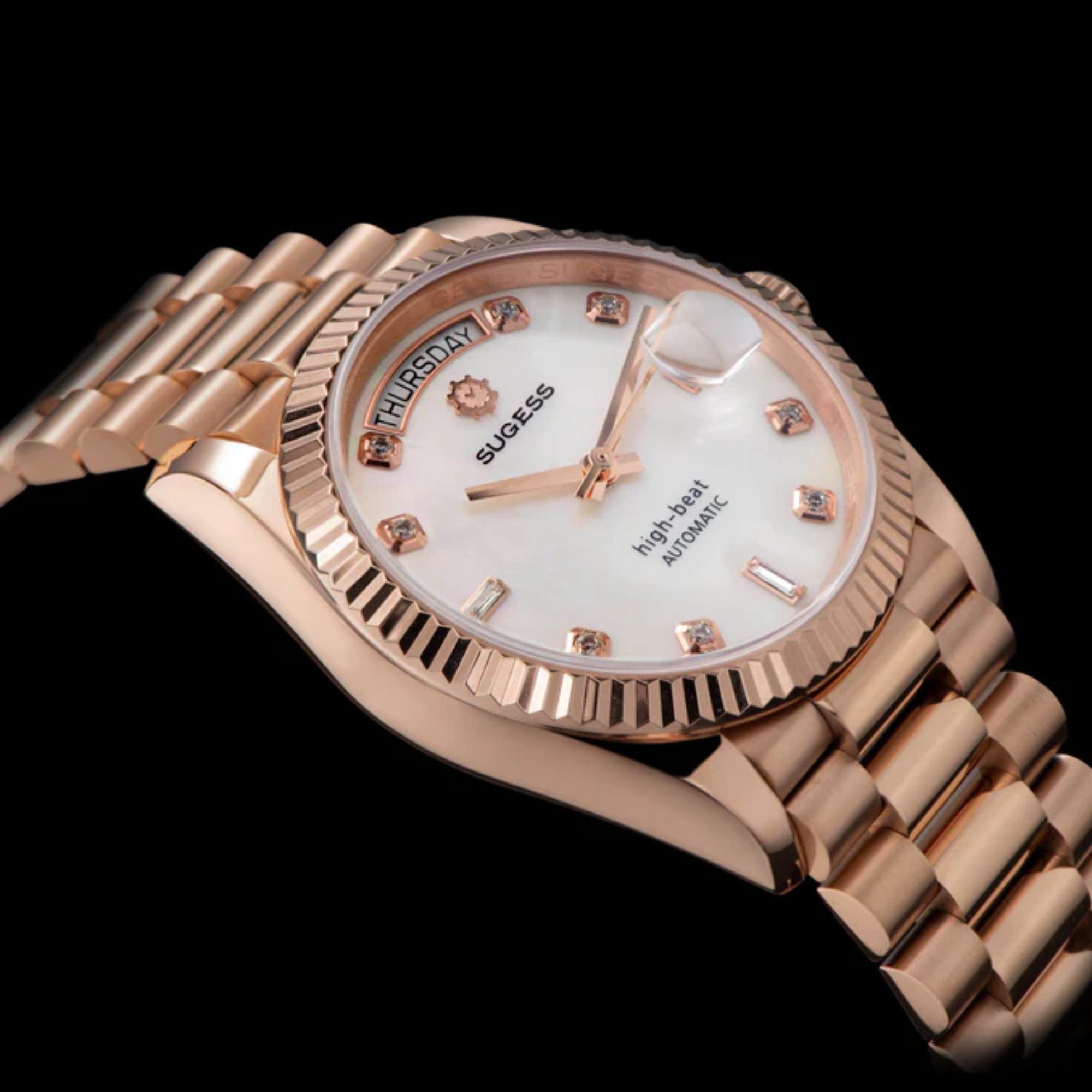 Sugess Heritage S449 DD Date and Day Display DD36 36mm Rose Gold White Pearl Dial Automatic