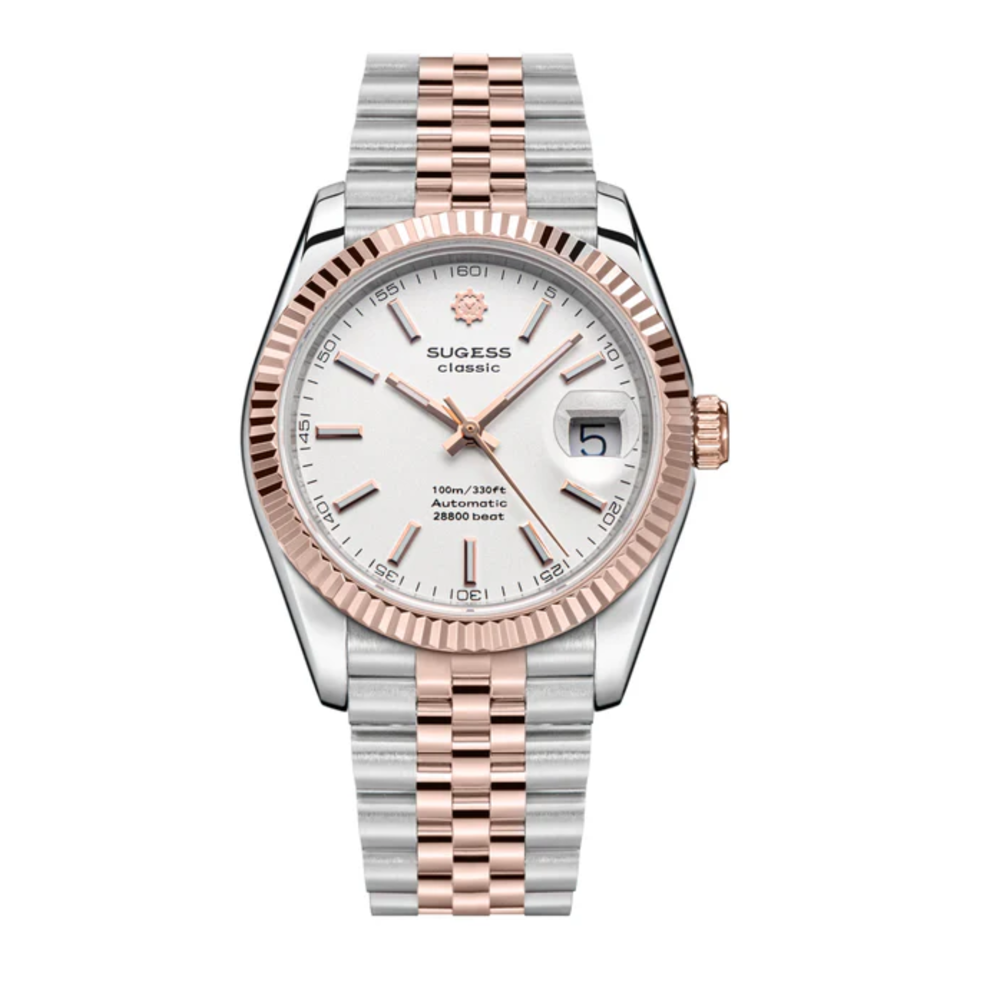 Sugess Automatic Classic S447 White Dial Rose Gold Two Tone Fluted Bezel Jubilee Bracelet ST2130