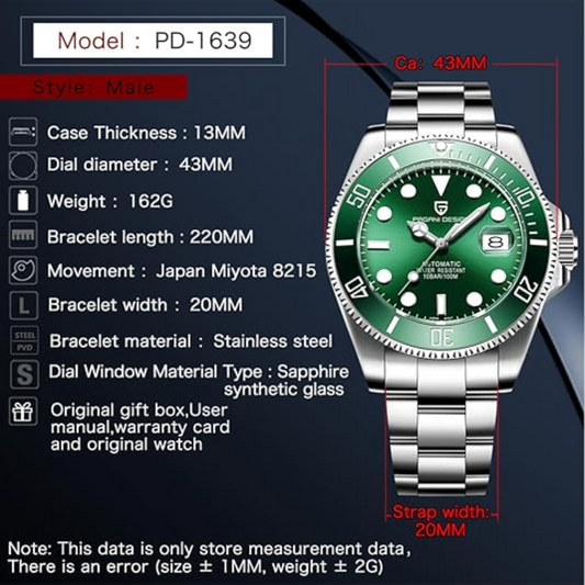 Pagani Design PD-1639 Waterproof Mechanical Automatic Stainless Steel Men's 43MM Watch - Green