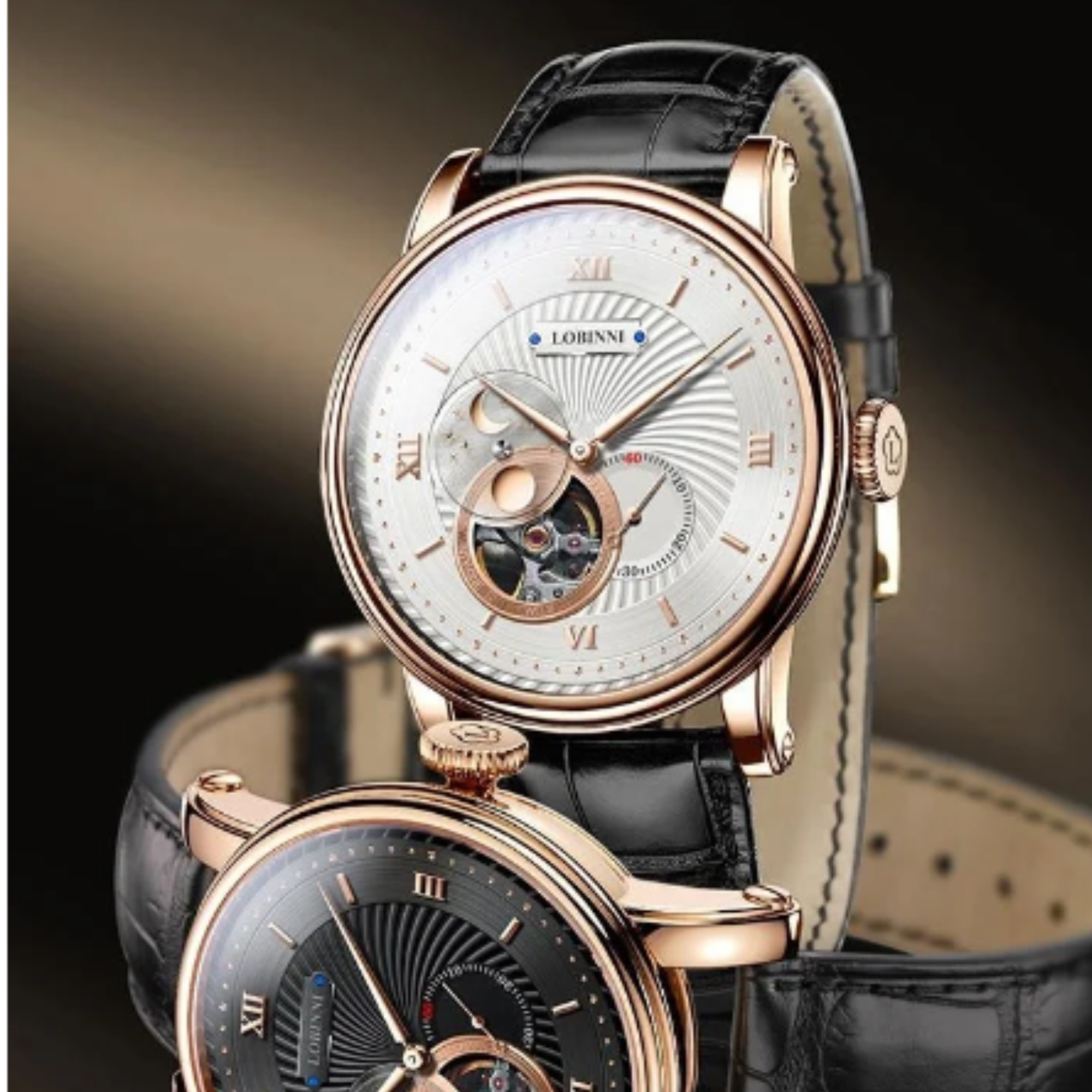 LOBINNI Luxury Automatic Mechanical Men's Watches Waterproof Skeleton Moon Phase Clocks L18013