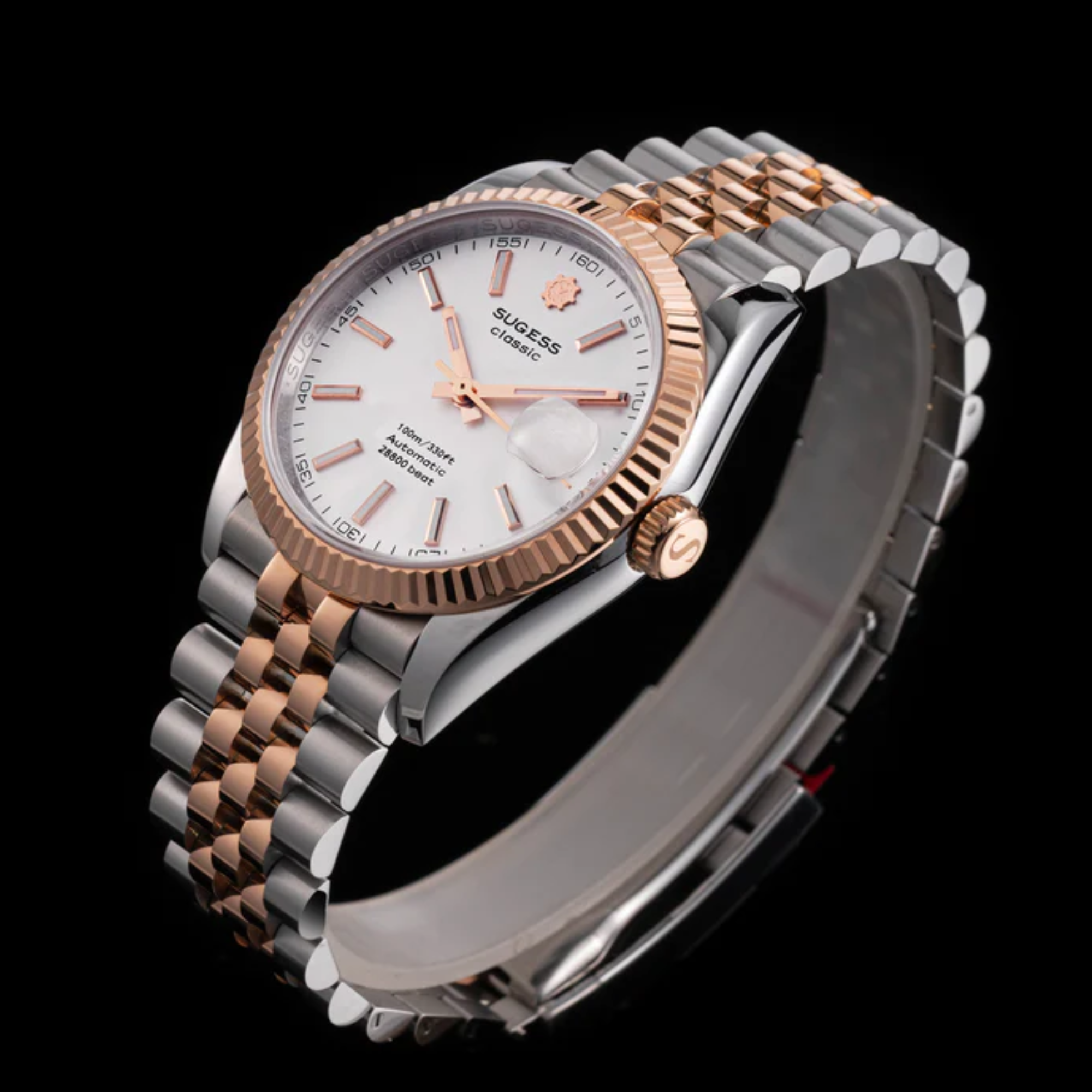 Sugess Automatic Classic S447 White Dial Rose Gold Two Tone Fluted Bezel Jubilee Bracelet ST2130