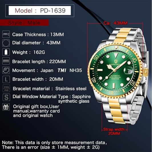 Pagani Design PD-1639 Waterproof Mechanical Automatic Stainless Steel Men's 43MM Watch - Golden Green