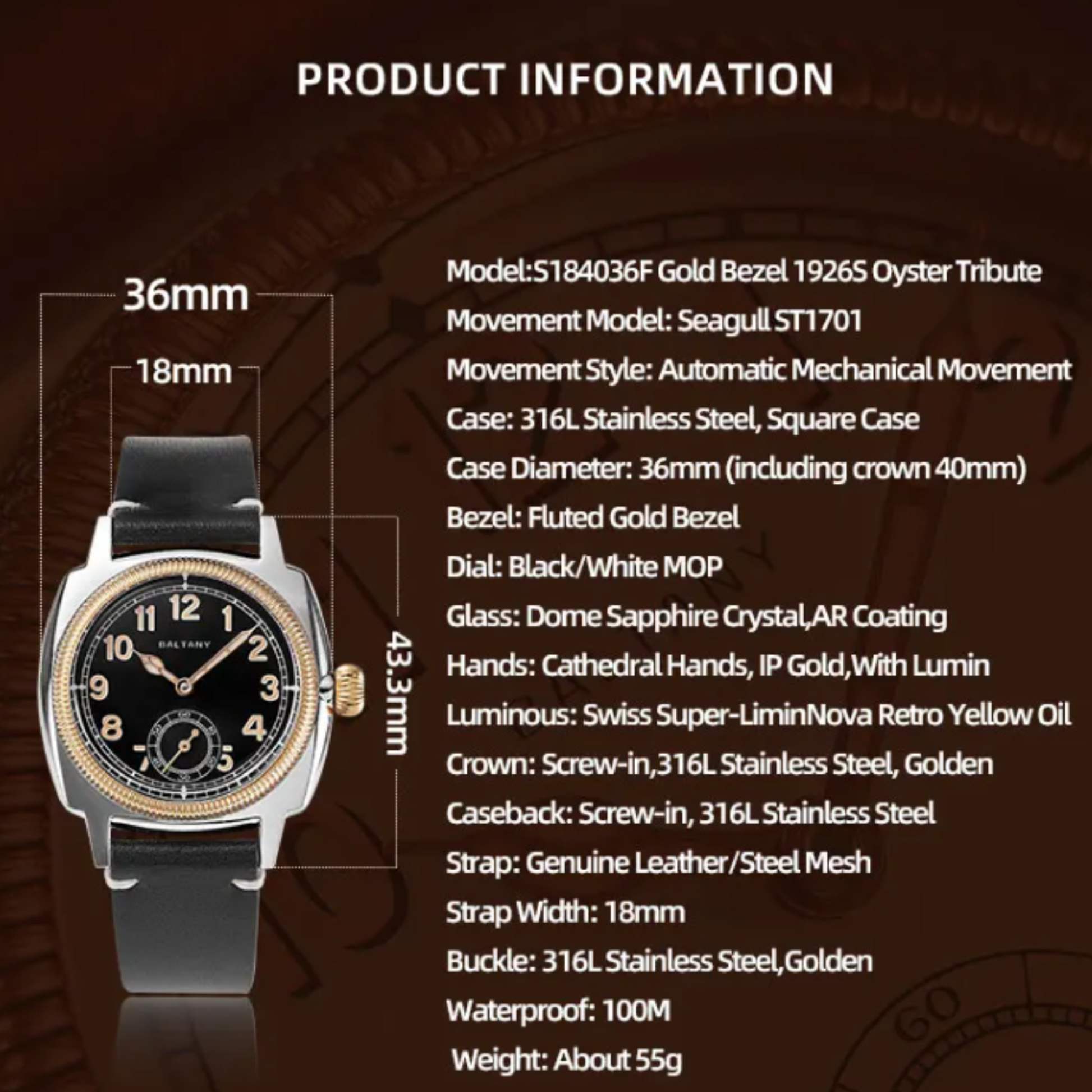 Baltany 1926 Wristatch S4036F Unisex ST1701 Move Gold Case Luminous Sapphire Crystal - Black Dial