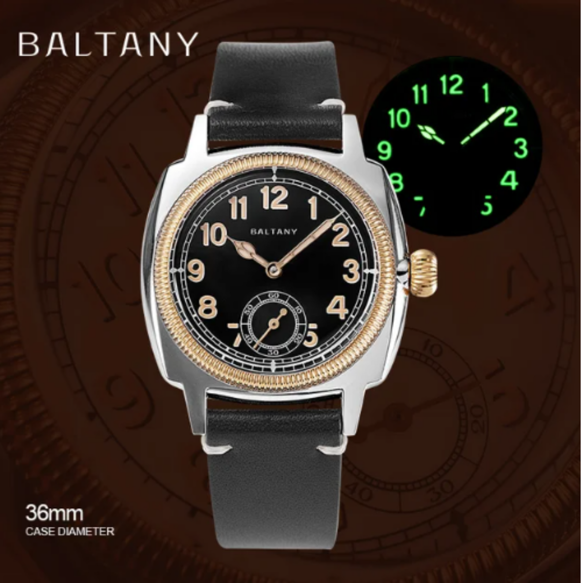 Baltany 1926 Wristatch S4036F Unisex ST1701 Move Gold Case Luminous Sapphire Crystal - Black Dial