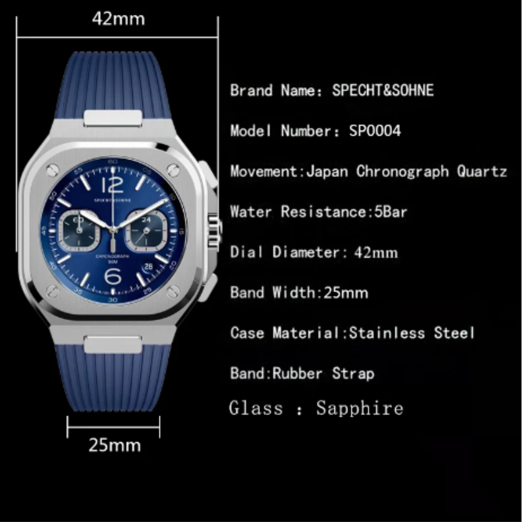 SPECHT SOHNE Men's Watch Calendar Timing Function Business Square Stainless Steel Watch Case Multifunctional Dress Wrist Watch
