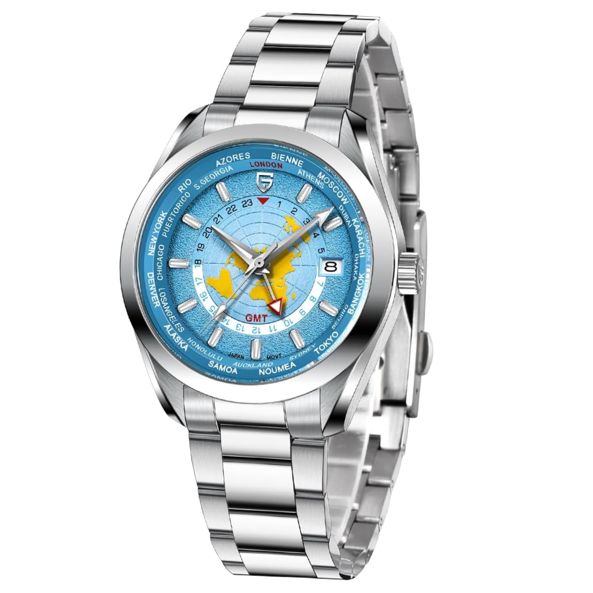 Pagani Design PD-1788 40mm Automatic NH34 GMT Stainless Steel World Timer - Sky Blue