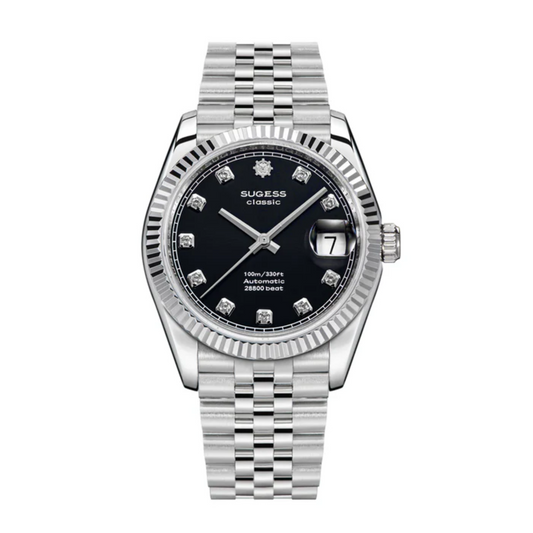 Sugess Automatic Classic S447 Black Dial Crystal Indices Fluted Bezel Jubilee Bracelet ST2130