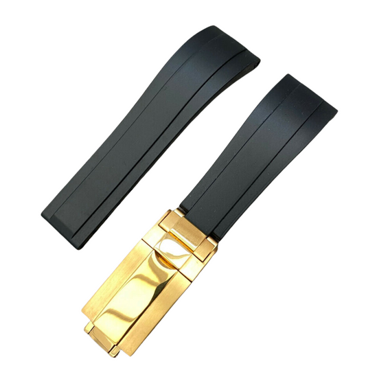 High End Curved FKM Rubber Watch Band - Oyster Style Deployment Clasp: 20 mm - Black/ Golden