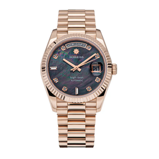 Sugess Heritage S449 DD Date and Day Display DD36 36mm Rose Gold Black Pearl Dial Automatic