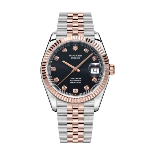 Sugess Automatic Classic S447 Black Dial Crystal Indices Rose Gold Two Tone Fluted Bezel Jubilee Bracelet ST2130