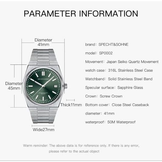 Specht&Sohne 41 Mm Mens Luxury Watch With Japanese Quartz Movement- Quartz Green