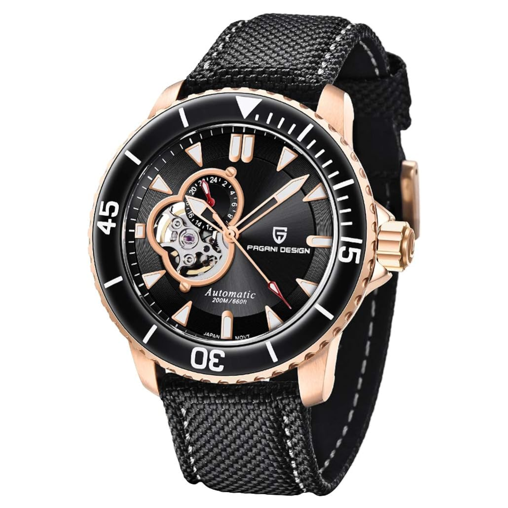 Pagani Design PD-1674 Men's Watches NH39A Automatic Mechanical Wrist Watch for Men C3/BGW9 Luxury Waterproof Stainless Steel Nylon Leather Watchband - Black Golden Dial